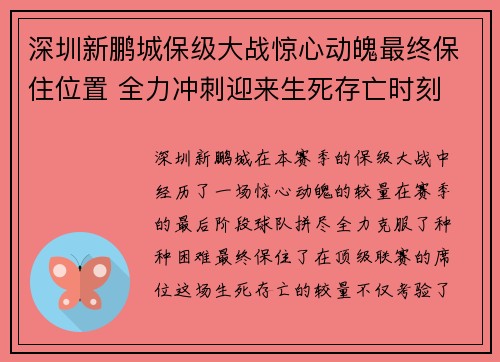 深圳新鹏城保级大战惊心动魄最终保住位置 全力冲刺迎来生死存亡时刻 深圳新鹏城保级大战惊心动魄最终保住位置 全力冲刺迎来生死存亡时刻